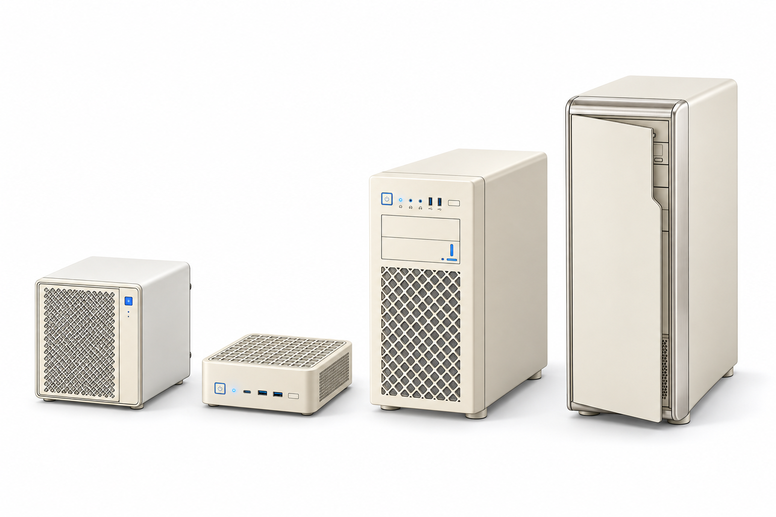Four cream CrumbWaffle hardware concepts: Private, the smaller Home, Standard, and Enterprise